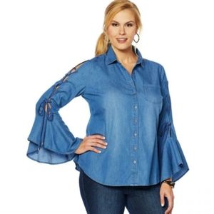 DG2 Diane Gilman Lace Up Bell Sleeve Top Medium